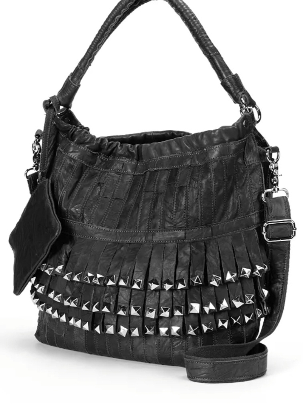 Luxe Lambskin Leather Silver Studded Fringe Shoulder Bag w/Matching Coin Pouch - Picture 8 of 15